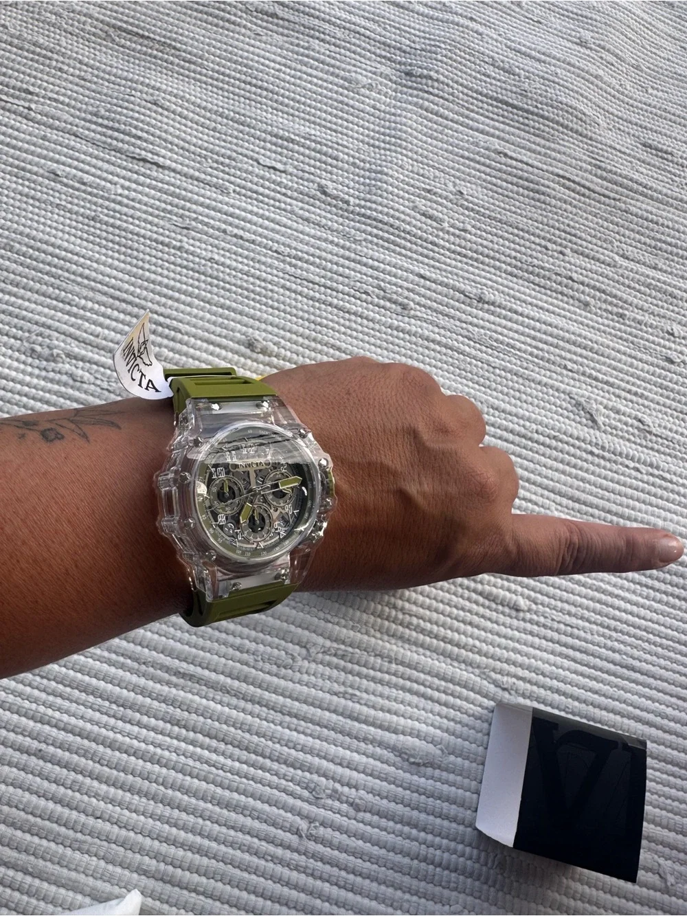 Invicta Skeleton Chronograph Watch Clear Resin Case Olive Band NWT